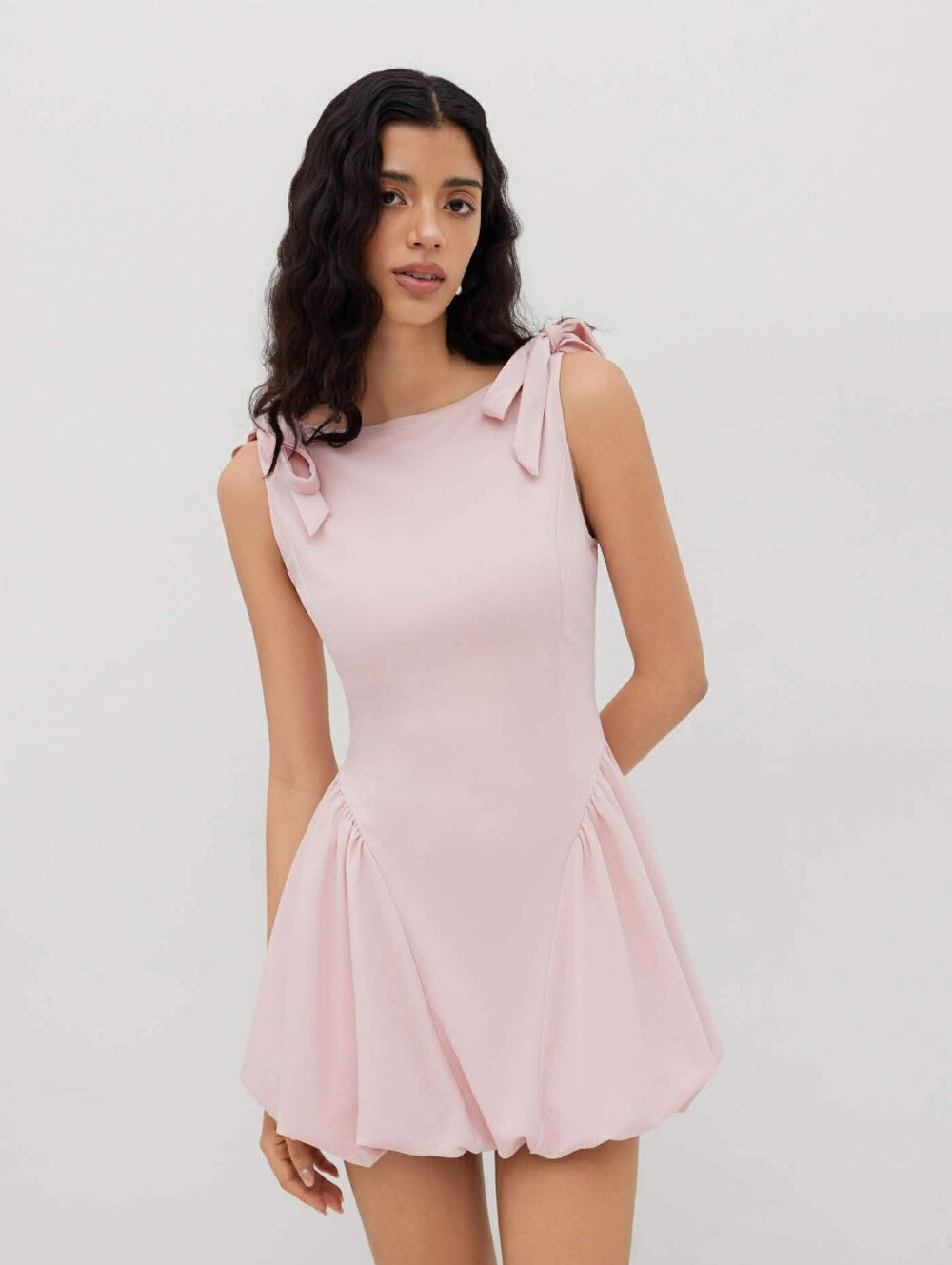 Cider Pale Pink Tie-Shoulder Bubble Mini Dress